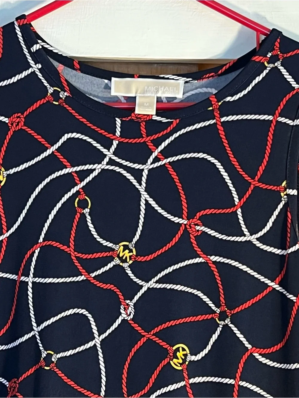 Michael Kors Navy Handkerchief Hem Skirt with Red and White Rope Print